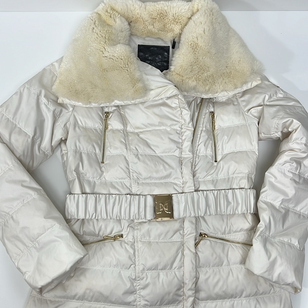Dawn Levy Cream Puffer Jacket with rabbit Fur Collar